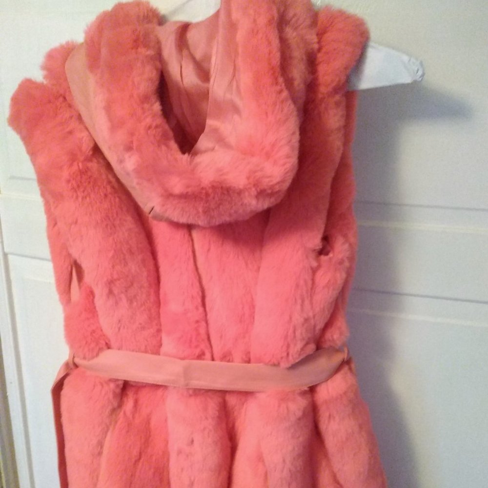 Vintage Austin Powers J&X Pink Long Shawl Faux Fur Hooded Sleeveless Jacket - Picture 2 of 9